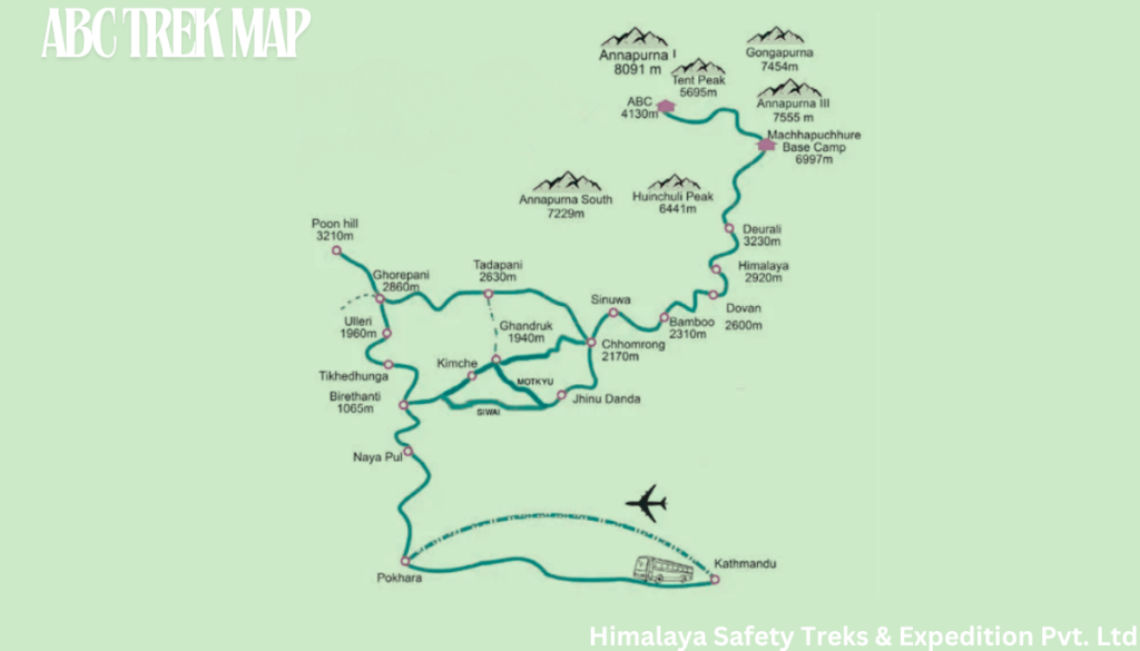 ABC detail trekking Map showing all the trek route details