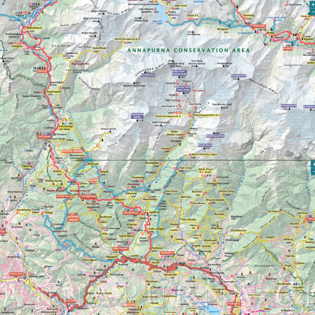 ABC detail trekking Map showing all the trek route details